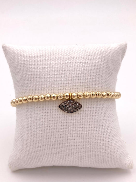 Gold Fill Beaded Bracelet with Diamond Evil Eye Charm