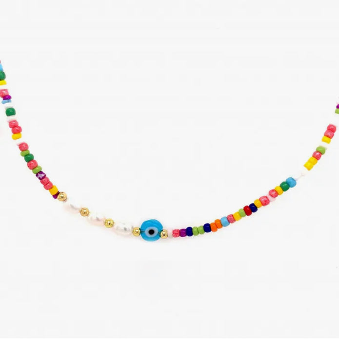 Multi-Colored Seed Bead Necklace With Evil Eye