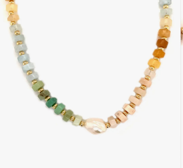 Gemstone Heishi and Pearl Necklace