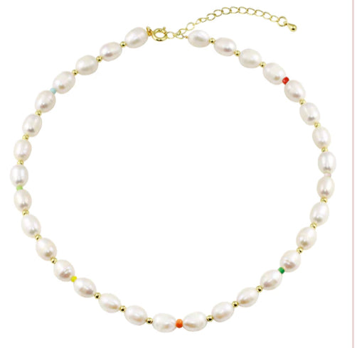 Oval Pearl and Neon Beaded Necklace