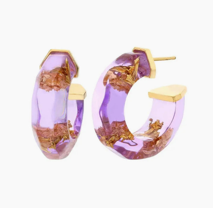 Purple Gold Leaf Faceted Huggie Hoop Earrings