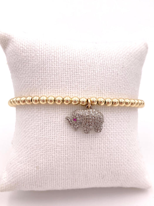 Gold Fill Beaded Bracelet With Diamond Pave Elephant Charm